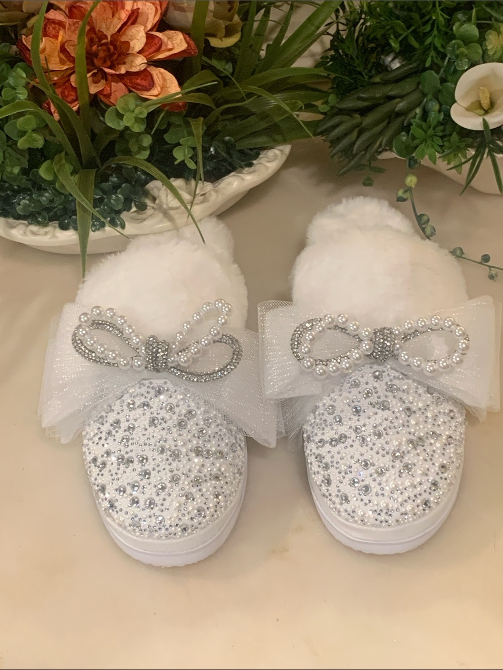 Gianni bini Cheeree Pearl and Rhinestone Embellished Bow Faux Fur Slippers